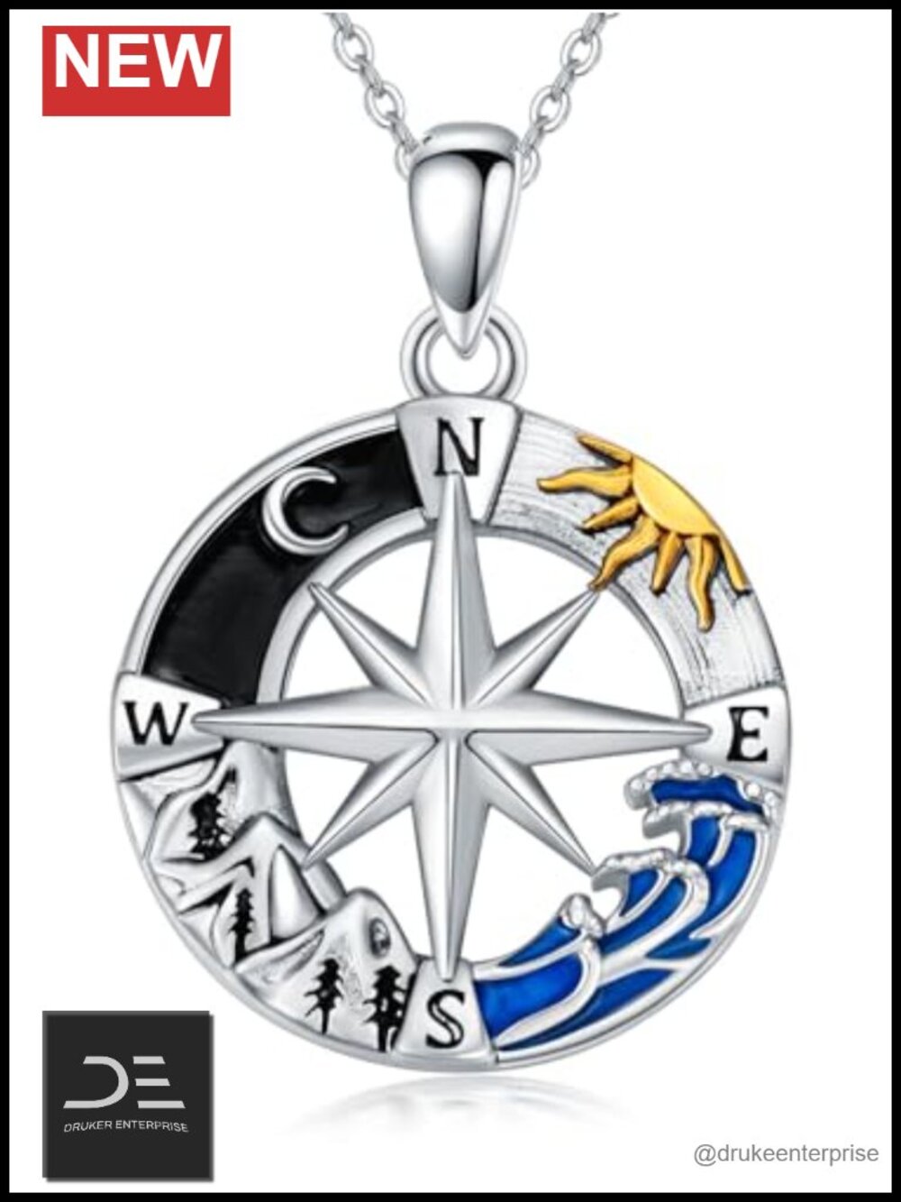 Sterling Silver Compass Pendant Necklace for Women Graduation Gift 925